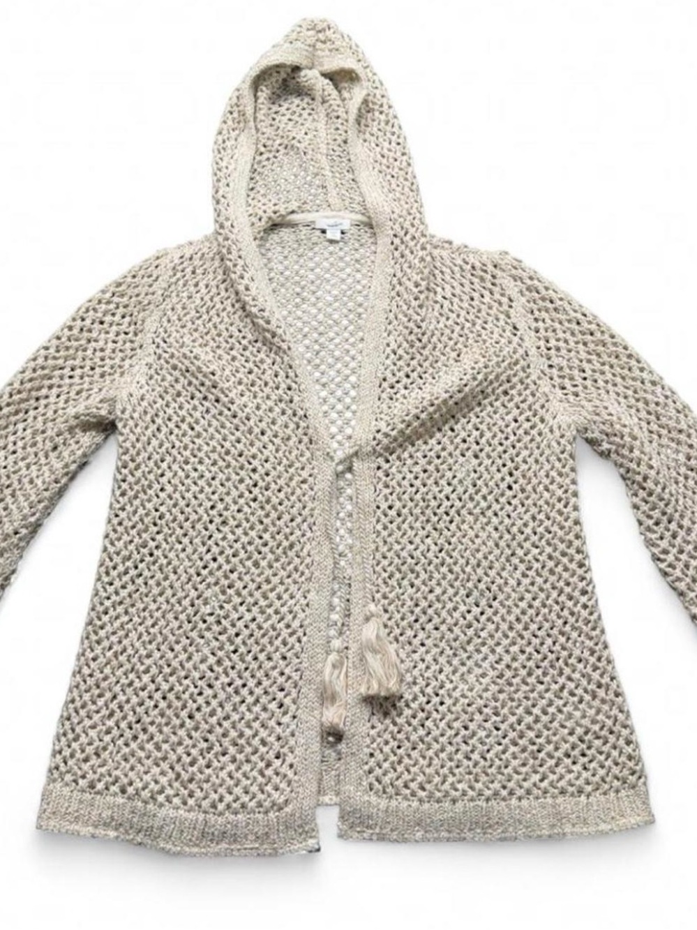Lightweight Hooded Open-Knit Cardigan in Beige